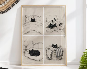 Cozy Black Cat in Four Panels, Whimsical Etching Style Bedroom Wall Art