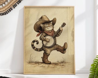 Cowboy Cat Print, Vintage Banjo Kitten Western Wall Art, Funny Cat Nursery Decor