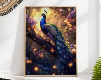 虹色の孔雀のキャンバス壁アート：夕暮れの池の反射 - Etsy 日本