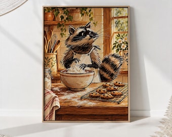 Raccoon Baking Kitchen Print, Cottage Animal Wall Art