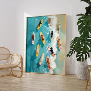 Dog Surf Beach Art Print - Whimsical Ocean Wall Decor  | PRINTED on Luxury Paper