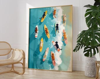 Dog Surf Beach Art Print - Whimsical Ocean Wall Decor  | PRINTED on Luxury Paper