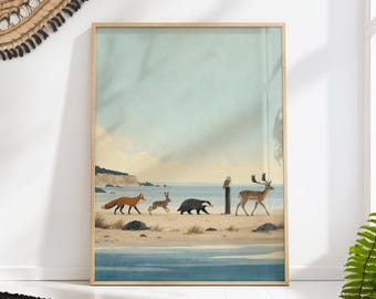 Fox Hare Badger Owl and Deer Walking on the Beach, Whimsical Coastal Nursery Wall Art