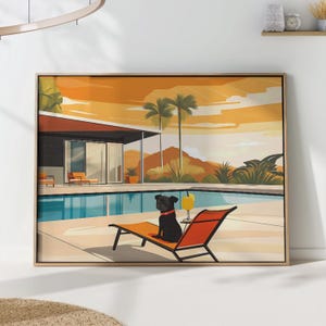 Pug by the Pool Wall Art Print, Mid-Century Modern Dog Decor, Retro Palm Springs Home Poster