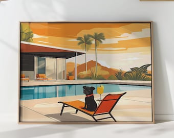 Pug Poolside Art Print, Mid-Century Modern Palm Springs Decor