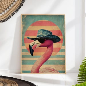 Vintage Cowboy Flamingo Art Print Mid Century Quirky Western Poster Tropical Cowgirl Wall Decor
