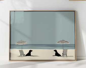 May include: A framed illustration of two black dogs sitting in beach chairs under striped umbrellas on a beach. The background is a light blue sky and ocean.