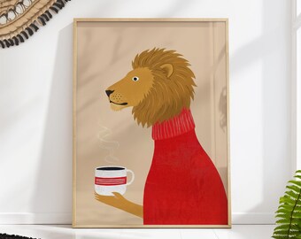 Lion Wall Art Whimsical Animal Coffee Print Red Sweater Illustration
