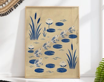 Blue Frogs Leaping Across a Lily Pond, Japanese Woodblock Style Wall Art