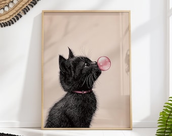 Funny Black Cat Print: Bubble Gum Kitten Wall Art