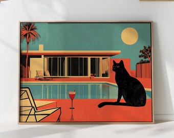 Puede incluir: Un gato negro se sienta junto a una piscina frente a una casa moderna de mediados de siglo. La piscina está rodeada por un patio rojo con un vaso de líquido rojo en el patio. La casa tiene grandes ventanas y una palmera en el jardín delantero. El cielo es azul con una gran luna blanca.