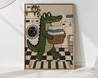 Alligator Carrying Laundry Basket Print, Green Stitched Illustration
