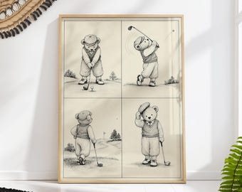 Teddy Bear Playing Golf in Four Sketches, Vintage Nursery Kids Wall Art