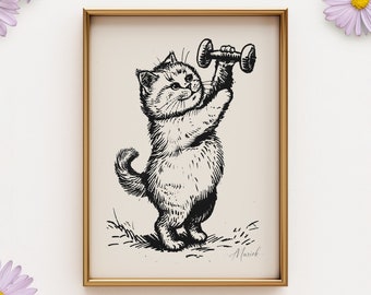 Fitness Cat Print - Whimsical Gym Art  | PRINTED on Luxury Paper