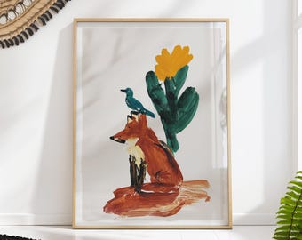 Fox and Bird Art Print Desert Cactus Illustration Wall Decor