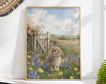 Lop Eared Bunny in a Bluebell Wildflower Meadow, Cottage Nursery Wall Art