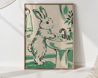 Rabbit Washing Paws at Sink Print, Bathroom Animal Illustration
