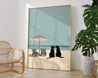 Beach Dogs Wall Art Coastal Decor Print Minimalist Summer Scene Gift for Couple | PRINTED on Luxury Paper