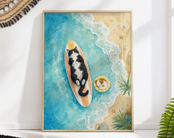 Watercolor Tuxedo Cat Asleep on a Surfboard with a Puppy, Beach Nursery Wall Art