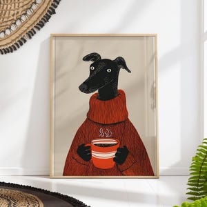 Dog Coffee Poster – Whippet Greyhound Wall Art in Cozy Turtleneck, Kitchen Coffee Bar Print