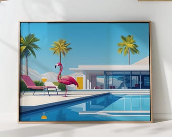 Pink Flamingo Pool art print, Mid Century Modern Wall Decor, Tropical Retro Home Poster