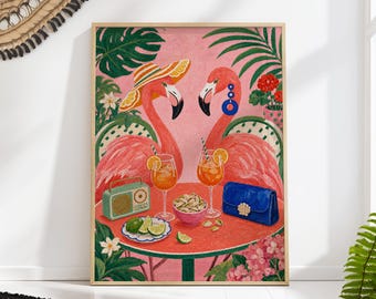 Two Flamingos Drinking Spritz on a Tropical Terrace, Pink Maximalist Wall Art