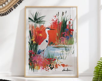 Heron Print: Colorful Bird Floral Pond Wall Art Living Room Decor