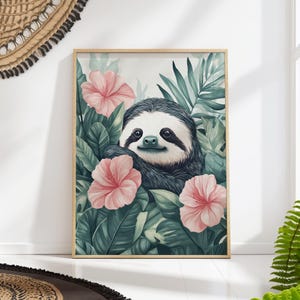 Sloth Nursery Wall Art Print – Tropical Jungle Animal Poster, Cute Boho Sloth Decor, Hibiscus Leaf Baby Room Print