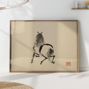 Japanese Ink Horse Print – Tsurusawa Tansaku Sumi-e Brushwork, Wabi-Sabi Minimal Zen Wall Decor