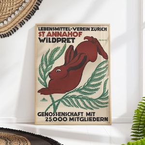Vintage Swiss Rabbit Poster Print – 1910s St. Annahof Wildpret Advertising, Art Nouveau Animal Wall Decor, Kitchen & Farmhouse Bunny Art
