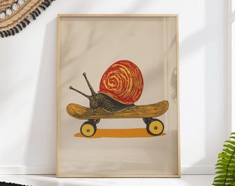 Snail on Skateboard Print - Whimsical Mid Century Art - Fun Animal Wall Decor - Retro Illustration