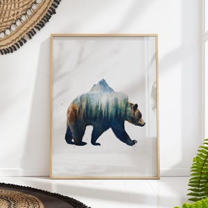 Mountain Bear Forest Print, Double Exposure Wildlife Poster, Rustic Cabin Nature Wall Art