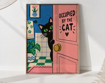 Black Cat Peeking Behind Pink Door Print, Occupied Sign