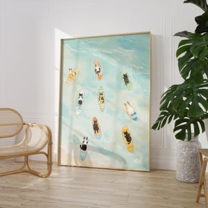 Cat Surf Beach Art Print - Whimsical Ocean Wall Decor  | PRINTED on Luxury Paper