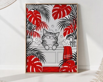 Tabby Cat Bubble Bath Print, Red Black Tropical Leaves