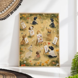 Dog Artist Wall Art Print – Painting Puppies in Garden, Whimsical Nursery & Kids Room Decor Gift for Dog Lovers