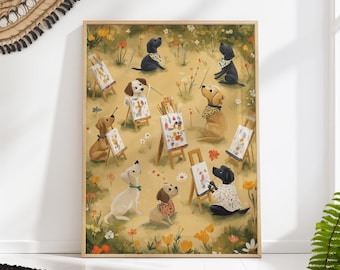 Puppies Painting Art Print: Whimsical Dog Nursery Decor