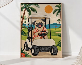 Pug Driving Golf Cart Print, Tropical Linocut Illustration