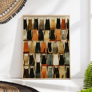 Cats Waiting Room Print – Whimsical Wall Art in Cozy Earth Tones