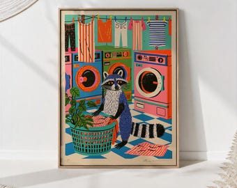 Raccoon Laundry Day Print, Colorful Laundry Animal Wall Art
