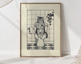 Tabby Cat Toilet Newspaper Print, Funny Bathroom Wall Art