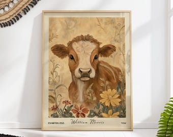 Cow Farm Art Print - William Morris Floral Poster - Vintage Animal Wall Decor