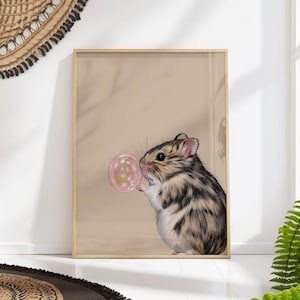 Funny Hamster Poster, Cute Animal Wall Art, Bubble Gum Pet Print, Whimsical Nursery Decor