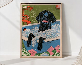 Black Labrador Bubble Bath Print, Dog Bathroom Wall Art