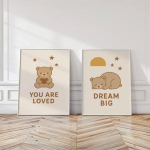 Bear Nursery Wall Art Set of 2 Prints, Dream Big and You Are Loved Poster, Minimalist Baby Room Decor