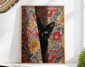 Black Cat Wall Art – Vintage Floral Curtain Poster, Cottagecore Cat Print for Living Room