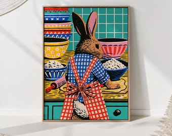 Rabbit Baking Kitchen Print, Animal Cook Wall Art
