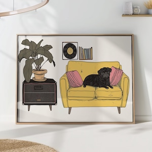 Mid-Century Modern Pug Art Print: Retro Dog on Yellow Sofa