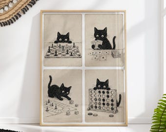 Black Cats Playing Board Games Print: Game Room Wall Art