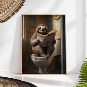 Funny Sloth Bathroom Art, Toilet Reading Sloth Poster, Quirky Animal Wall Decor, Humor Bathroom Print